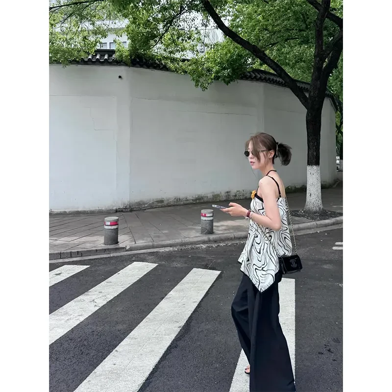 2025夏季新款通勤碎花复古设计感小众吊带背心百搭韩版显瘦长裤女