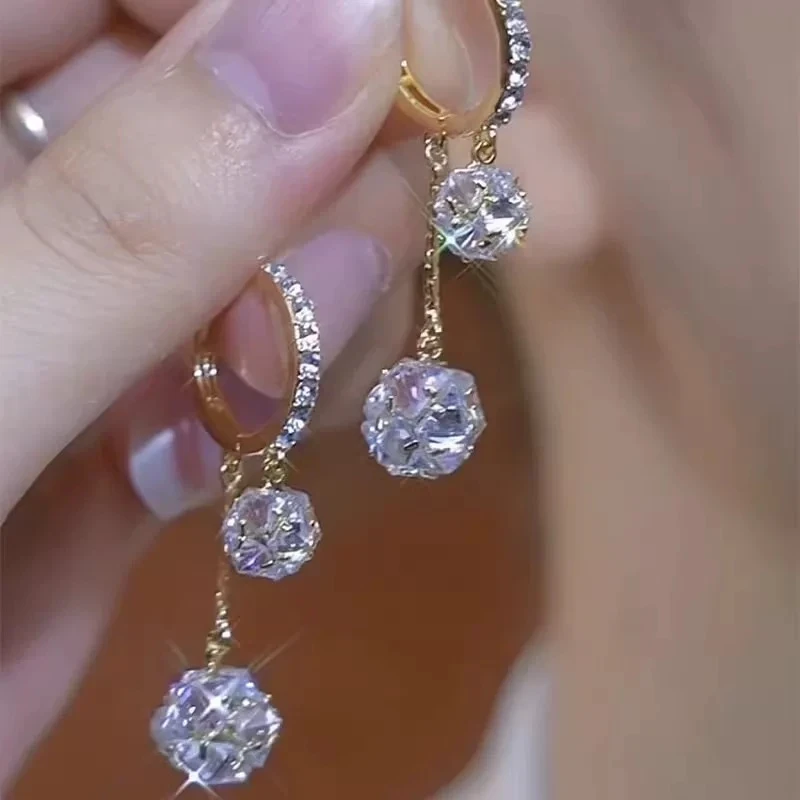 合金耳饰 【专柜品质】超闪锆石球球超闪流苏耳环高级百搭气质款