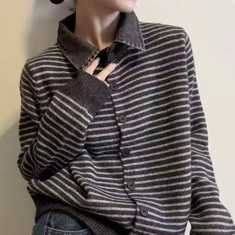 M201-300韩系条纹针织开衫女秋冬慵懒风宽松显瘦百搭立领长袖外套