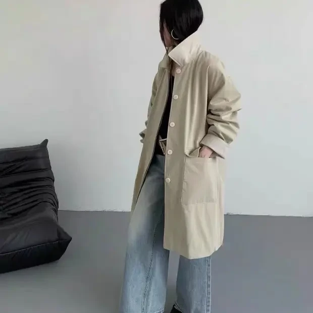 28207秋季复古超韩撞色中长款风衣时尚百搭外套衣长97