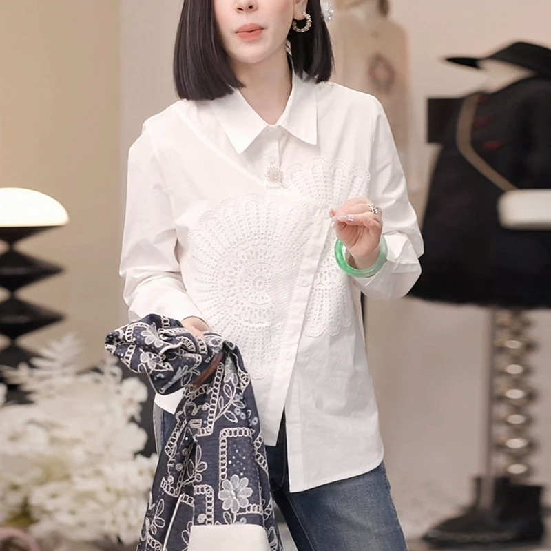 女士白色衬衫秋季内搭叠穿复古洋气减龄宽松显瘦不规则设计感上衣