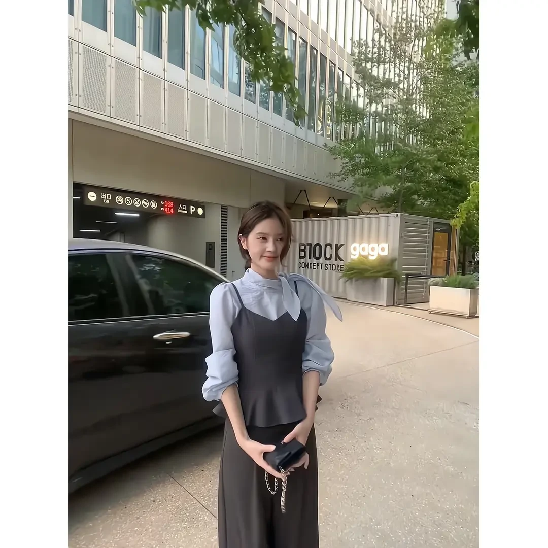 韩系吊带上衣气质蝴蝶结衬衫两件套直筒西装阔腿裤老钱风女装