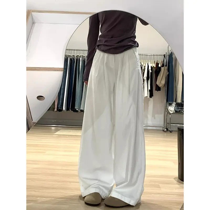 大码白色褶皱纹理裤子直筒牛仔裤女夏季宽松高腰垂感阔腿拖地裤