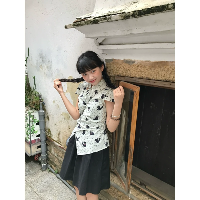 嘿山姥姥可爱猫咪国风新中式改良衬衫套装女夏吊带连衣裙两件套