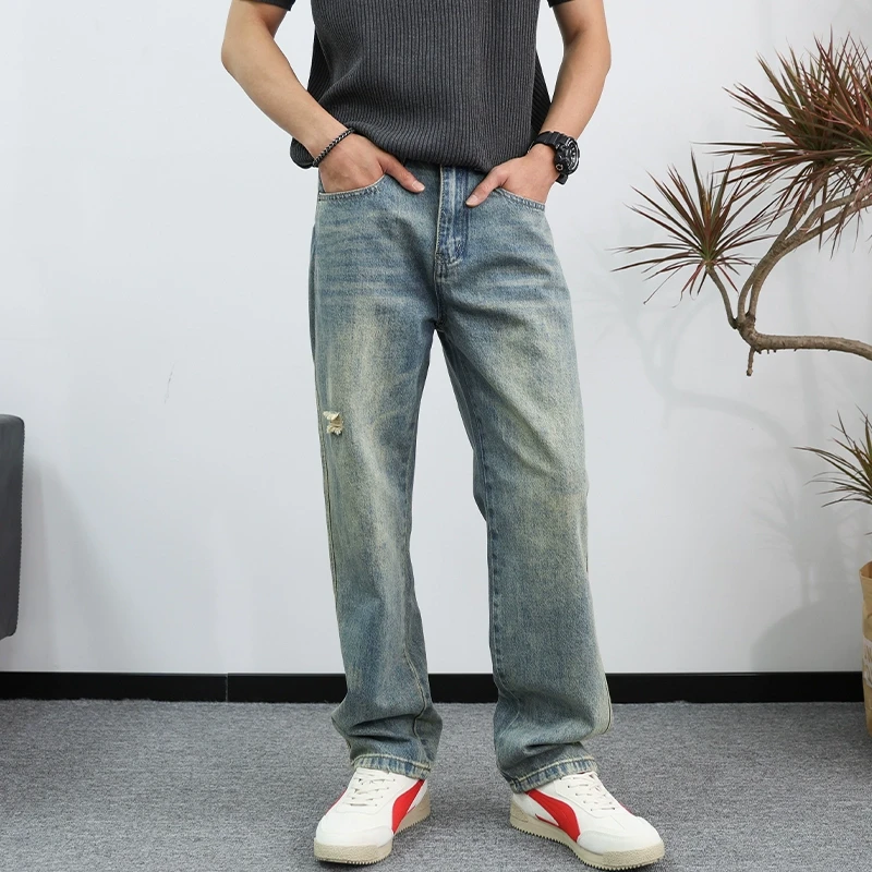 男士夏季薄款破洞直筒裤水洗做旧宽松美式复古蓝色阔腿牛仔裤男生
