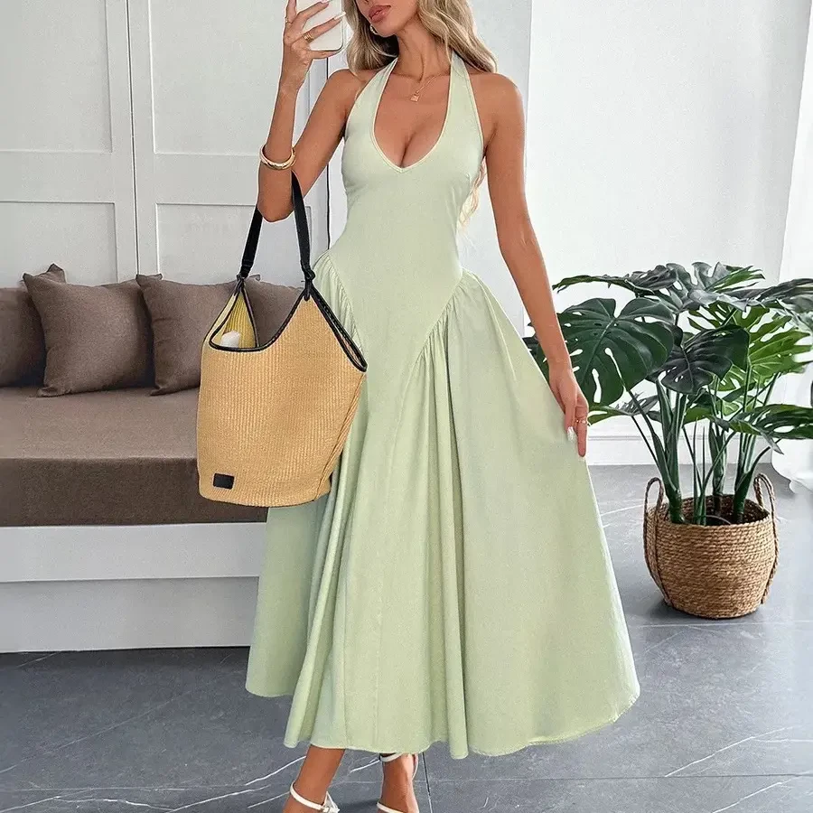 V领挂脖无袖收腰显瘦大摆气质连衣裙有梦露小白裙既视感