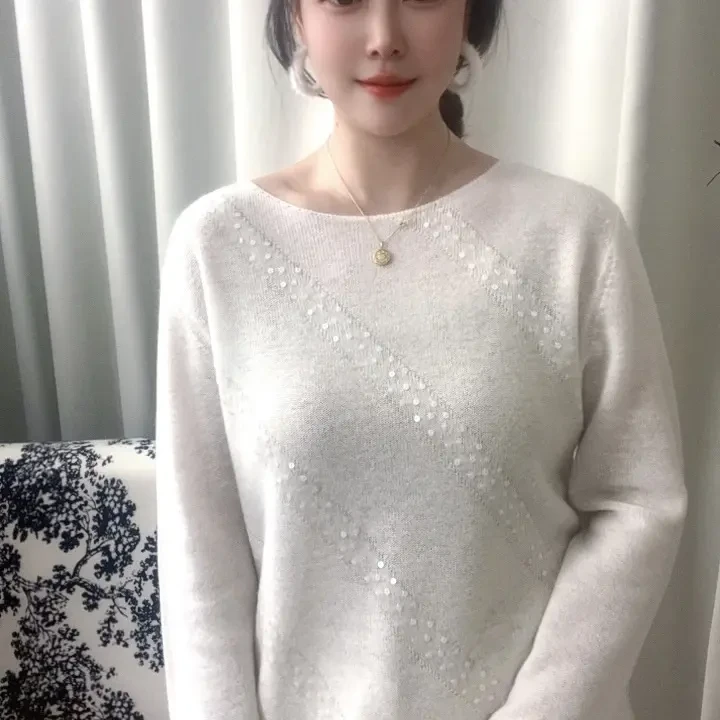 针织常规薄款女圆领落肩袖羊绒衫进口珠片打底衫