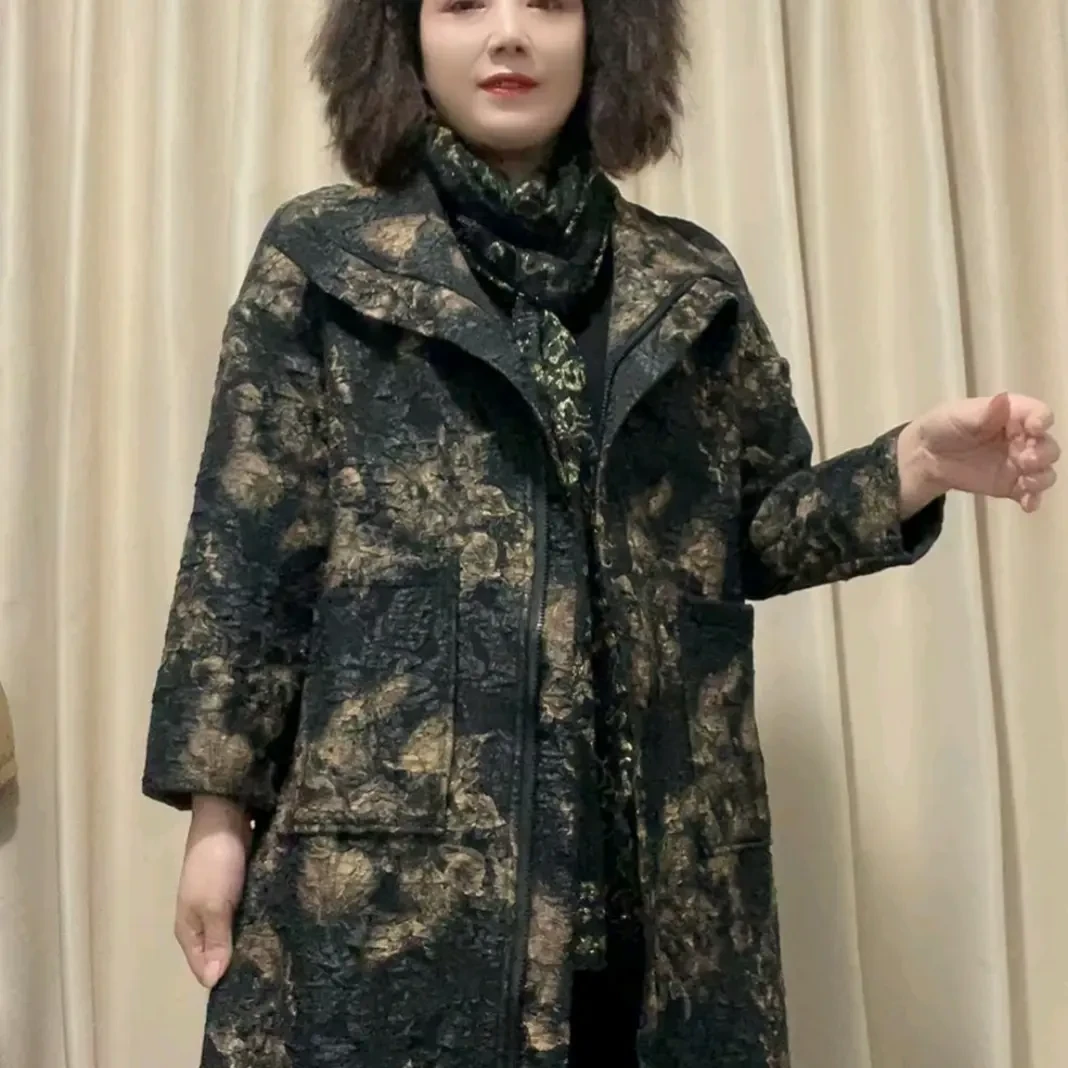 秋季新款炫彩提花中长款时尚百搭女士气质加绒大衣
