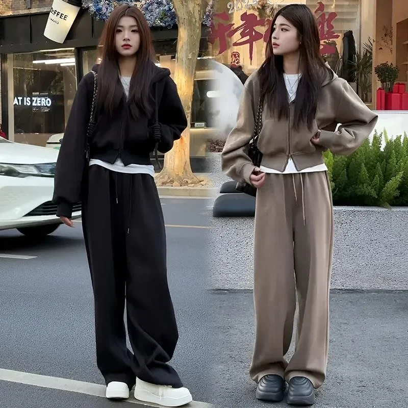 时尚休闲套装高级感超好看连帽卫衣短外套长裤两件套春秋季节穿搭