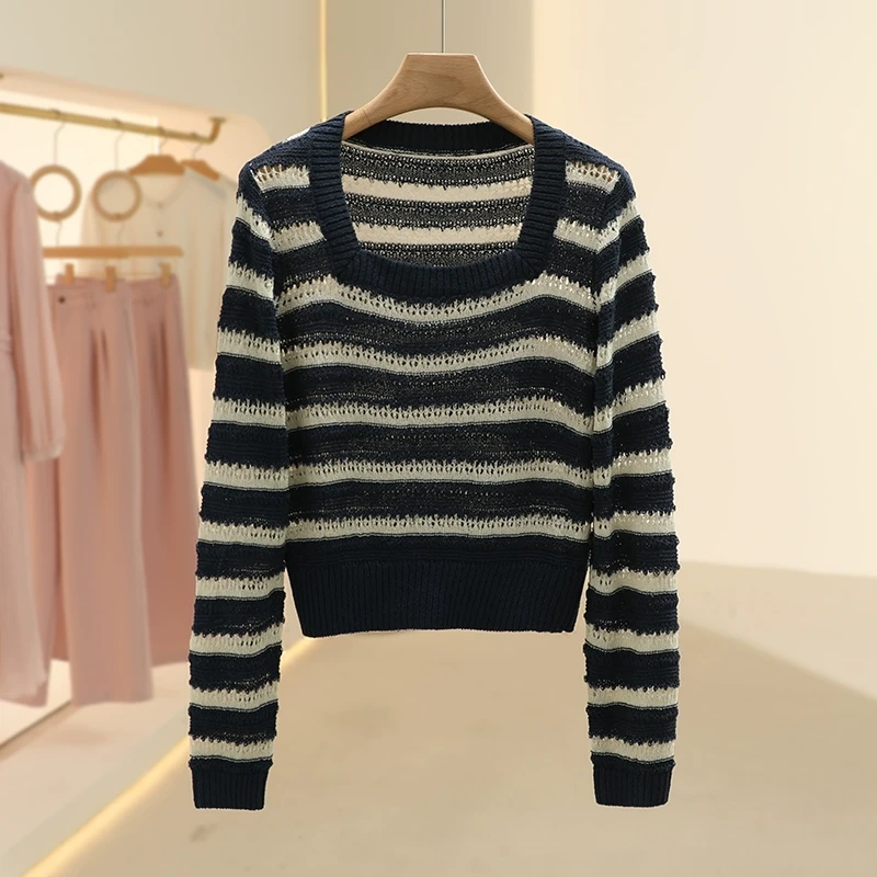 【Fy】藏青条纹方领气质长袖毛衫2025春季新款专柜撤柜品牌女装