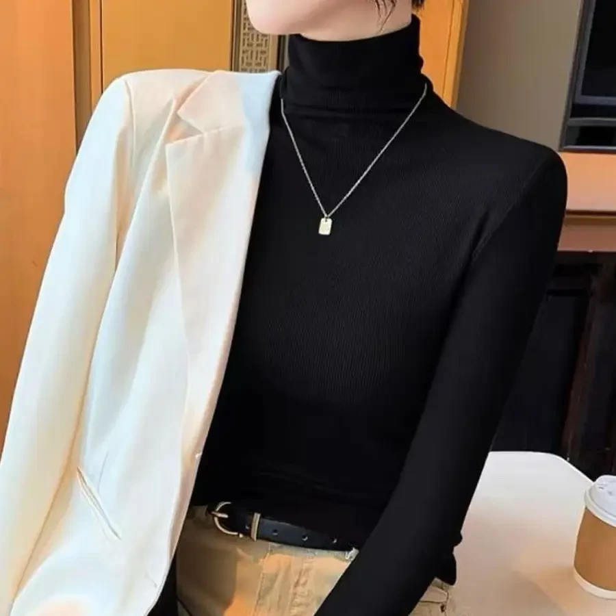 高领长袖女女士黑色保暖打底T恤显瘦时尚气质纯色