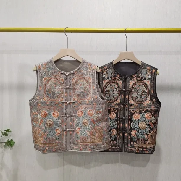 【Hua】0783秋冬季新品新中式国风复古圆领拼色刺绣玫瑰花无袖马甲