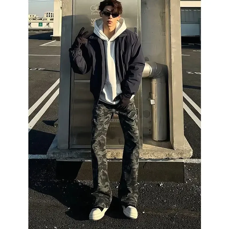 美式潮牌迷彩裤子男春复古潮牌高街vibe牛仔裤直筒微喇伐木工装裤