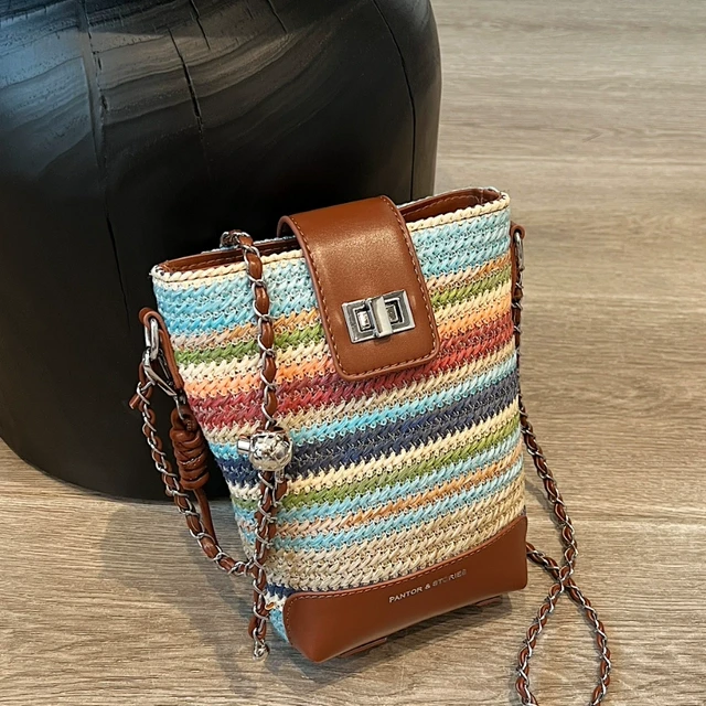 夏天彩虹条纹拼色小包包单肩斜挎包包女2024新款休闲编织小水桶包