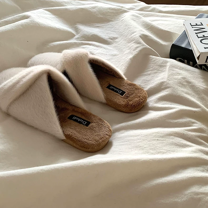 暖暖雪白~ins温柔仙女风加绒毛毛拖鞋女冬外穿网红时尚百搭棉拖鞋