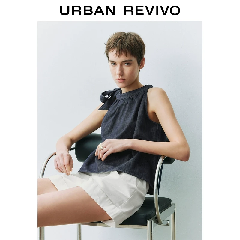 UR2025春季新款女装欧若风复古休闲蝴蝶结无袖牛仔衬衫UYU850007