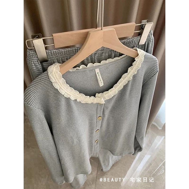 蕾丝花边带胸垫睡衣女2025春秋款舒适长袖长裤家居服春秋套装