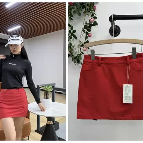 韩高尔夫秋冬短裙加绒打底裤包臀裙红色不规则裙摆韩版显瘦时尚