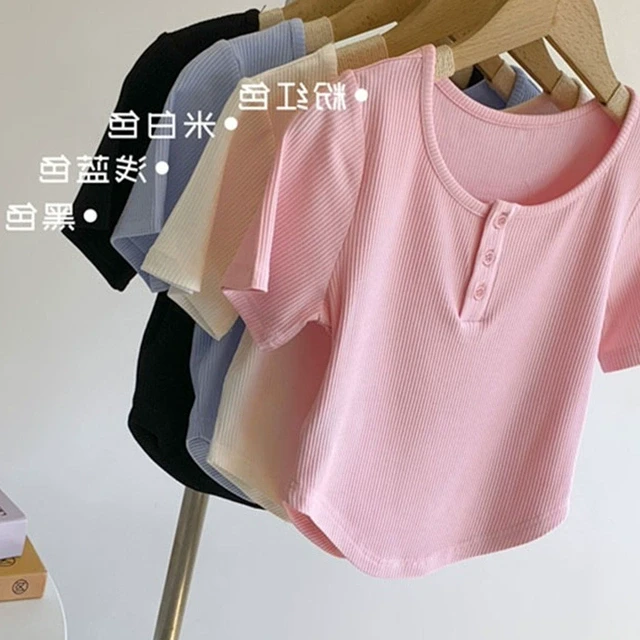 纯欲风短袖t恤女夏季显瘦高级感辣妹正肩短款粉色设计感小众上衣