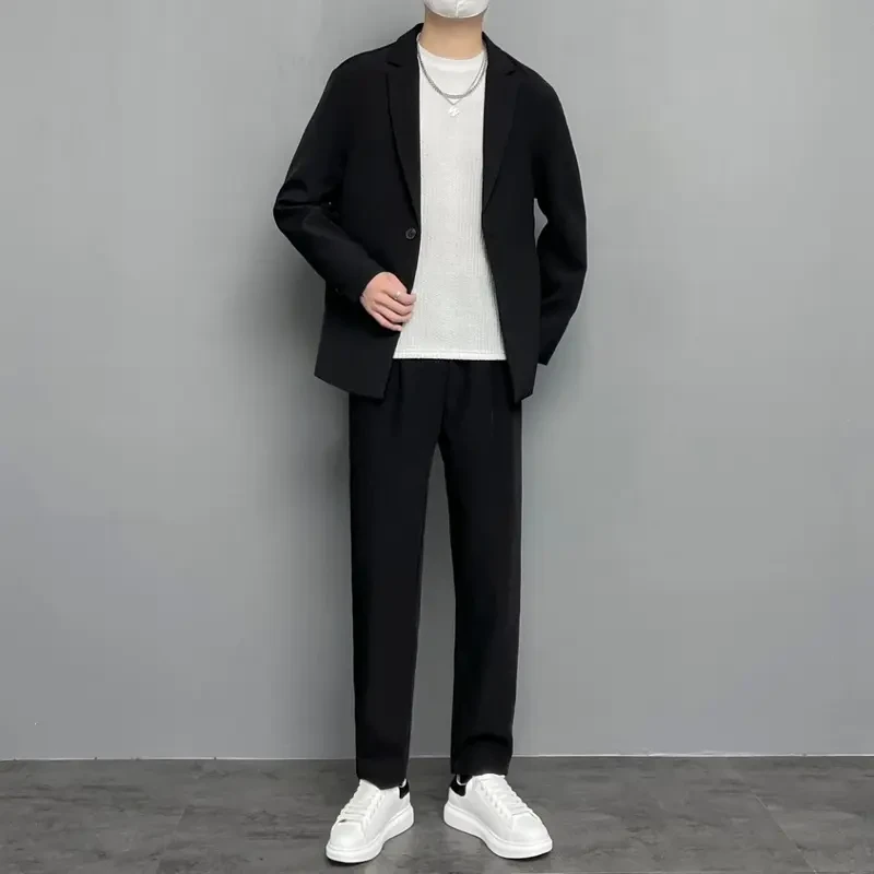 潮男前线春季韩版时尚纯色休闲长袖西装外套 卡扣直筒西裤（套装