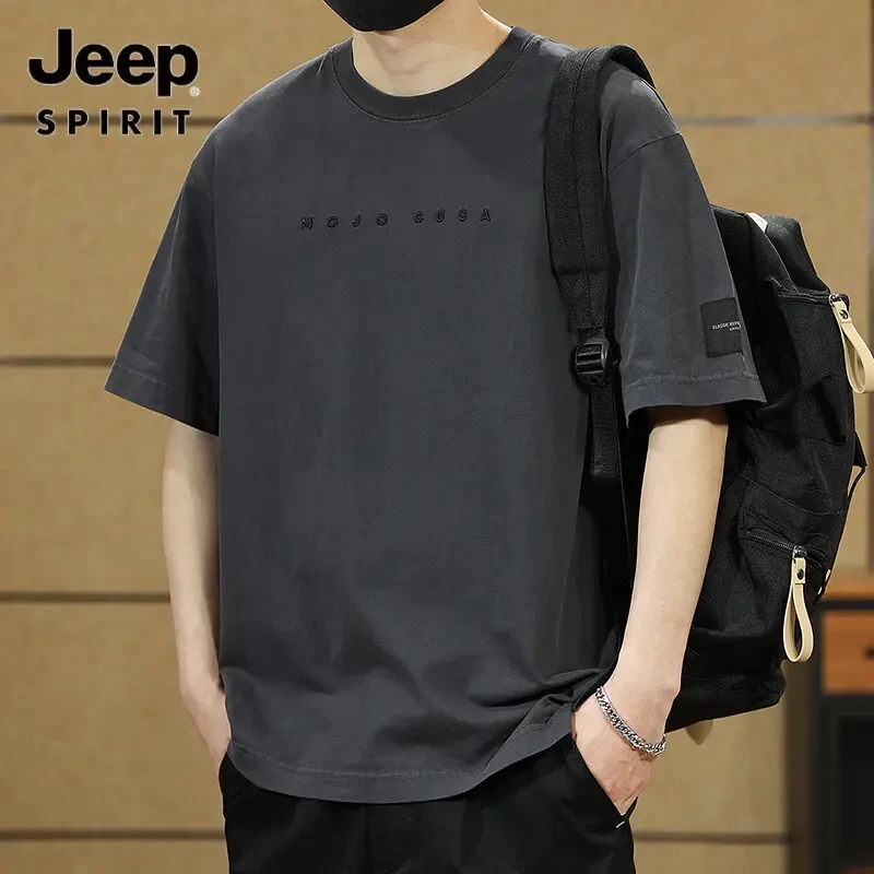 JEEP SPIRIT吉普短袖T恤男潮牌大码男装印花男士高级纯棉圆领半袖