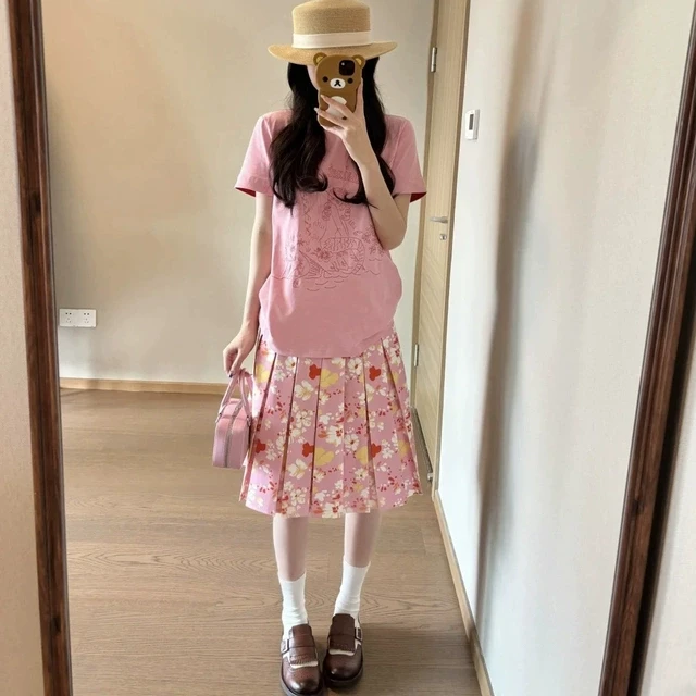 美式复古粉色碎花半身裙女2025春夏新款百搭休闲高品质百褶裙中裙