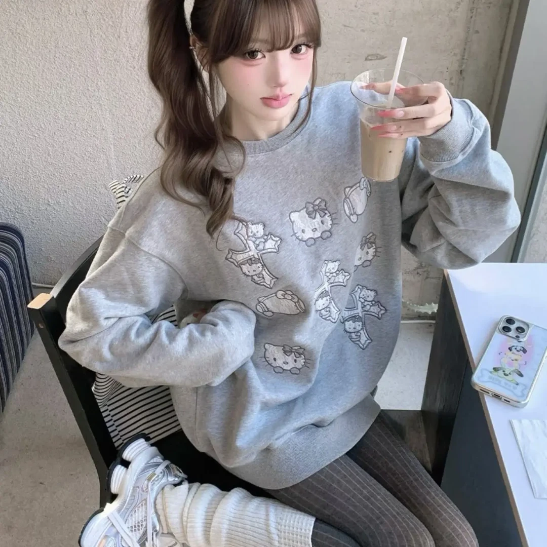 大码胖MM秋冬猫咪印花加厚慵懒风卫衣女时尚百搭卫衣套头甜美可爱