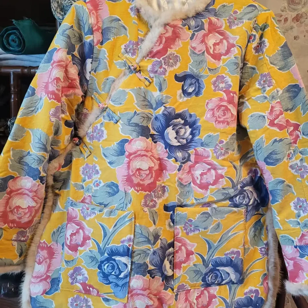 水貂毛新中式国风冬季夹棉加厚斜襟外套