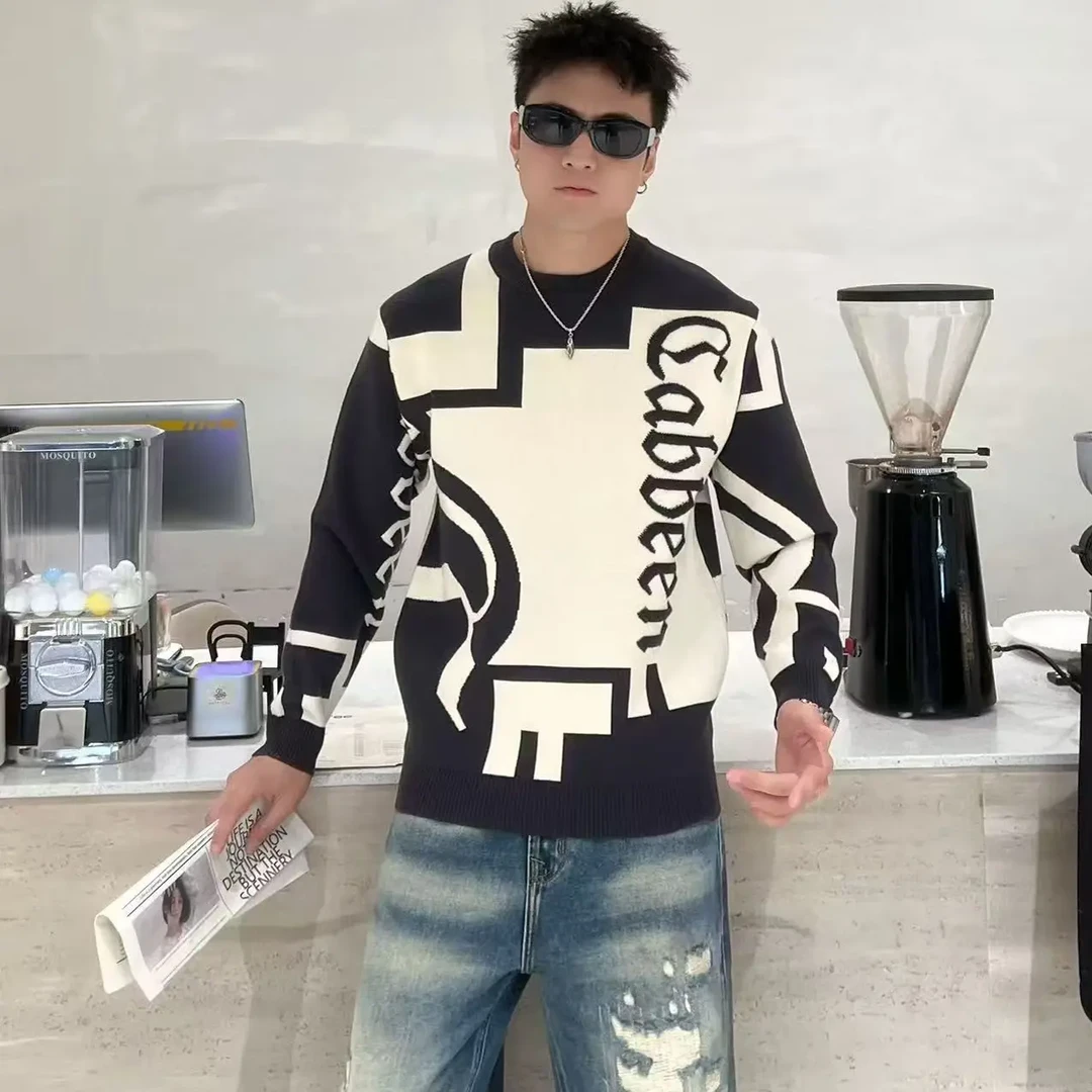 秋冬季提花圆领针织衫男士休闲百搭保暖毛衣