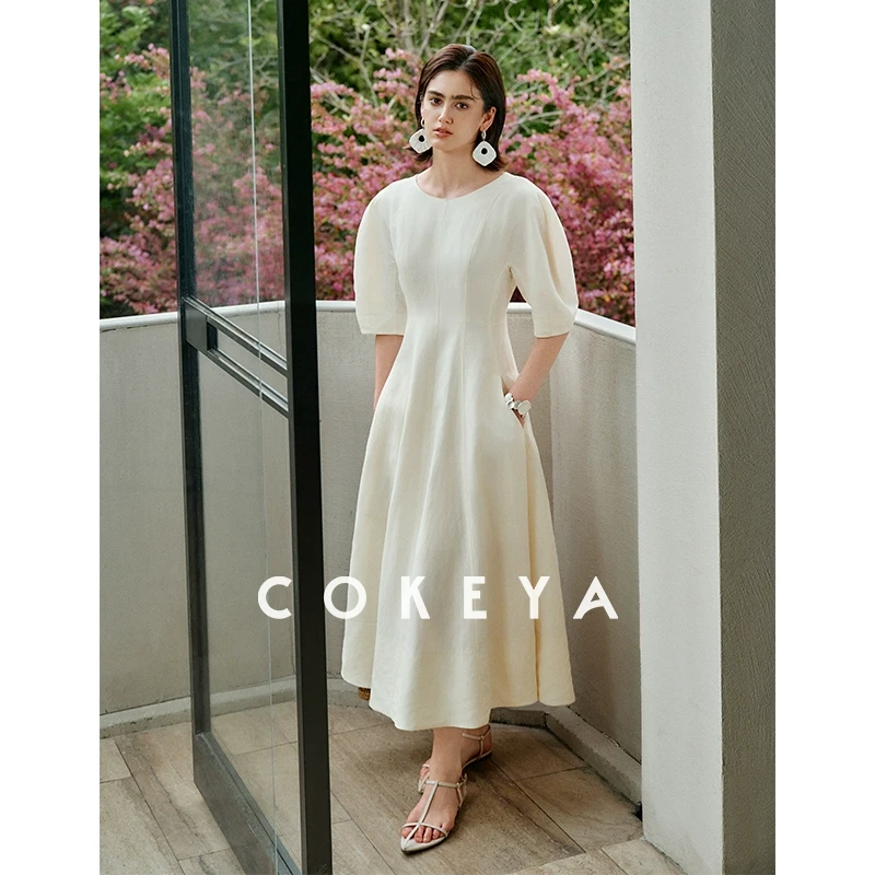 COKEYA/春日茶话会~亚麻天丝法式立裁复古泡泡袖优雅连衣裙长裙