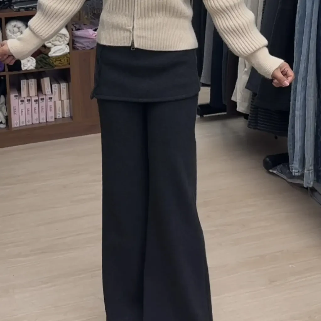 灰色假两件屁帘微喇叭裤女高腰加绒显瘦梨形身材秋冬休