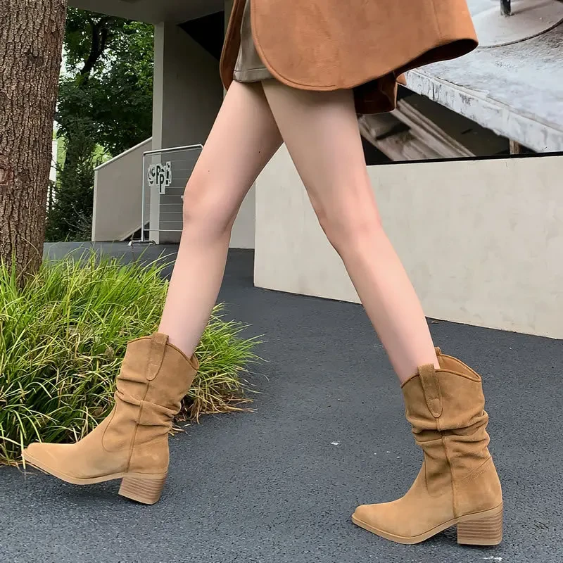 真皮版~新款孙千赵露思同款西部牛仔靴短靴方头粗跟褶皱堆堆靴潮