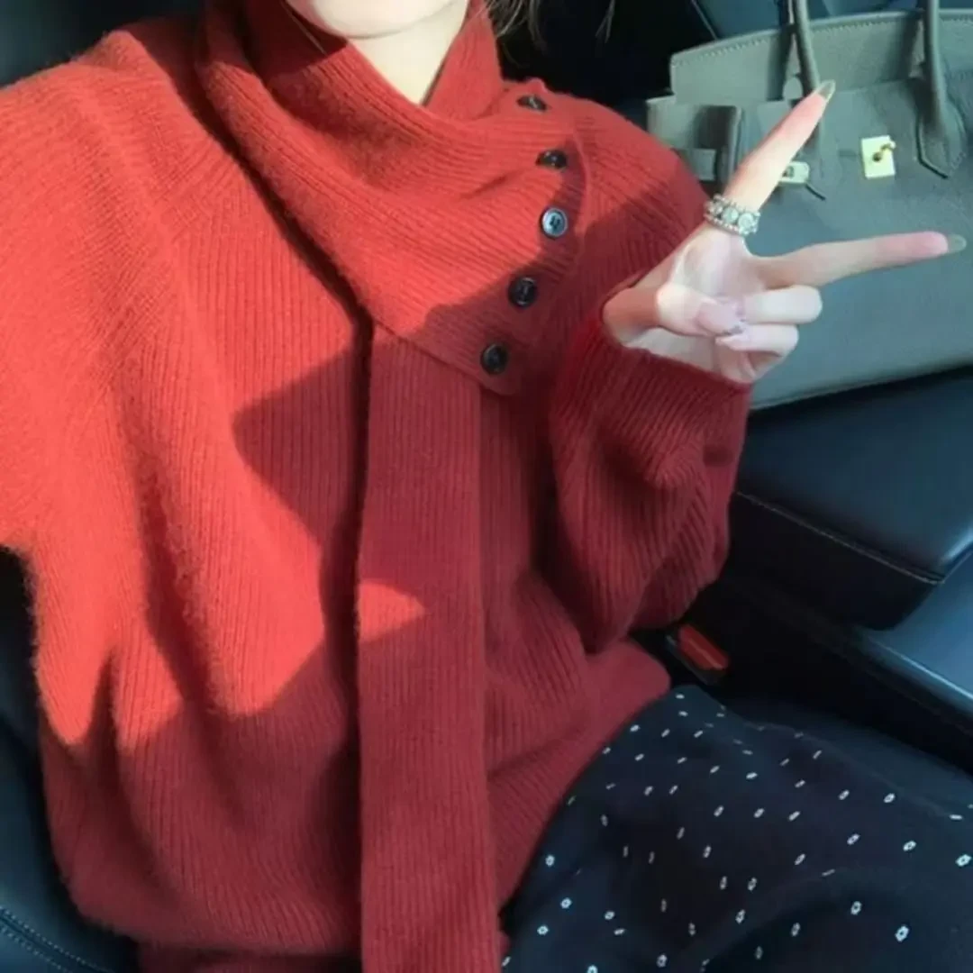 设计款可拆卸 洋气带披肩围脖 韩系V领显瘦宽松软糯针织毛衣女厚