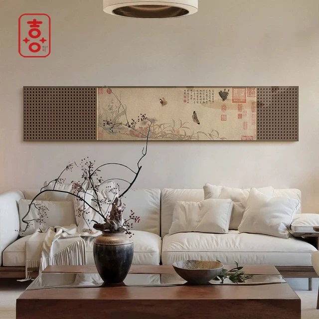 宋代美学 新中式别墅客厅背景墙装饰画茶室书房高档挂画实木雕刻