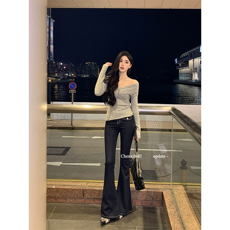 何晨曦「韩式腿精」撞色线装饰女春季复古修身显瘦微喇牛仔裤T0643K