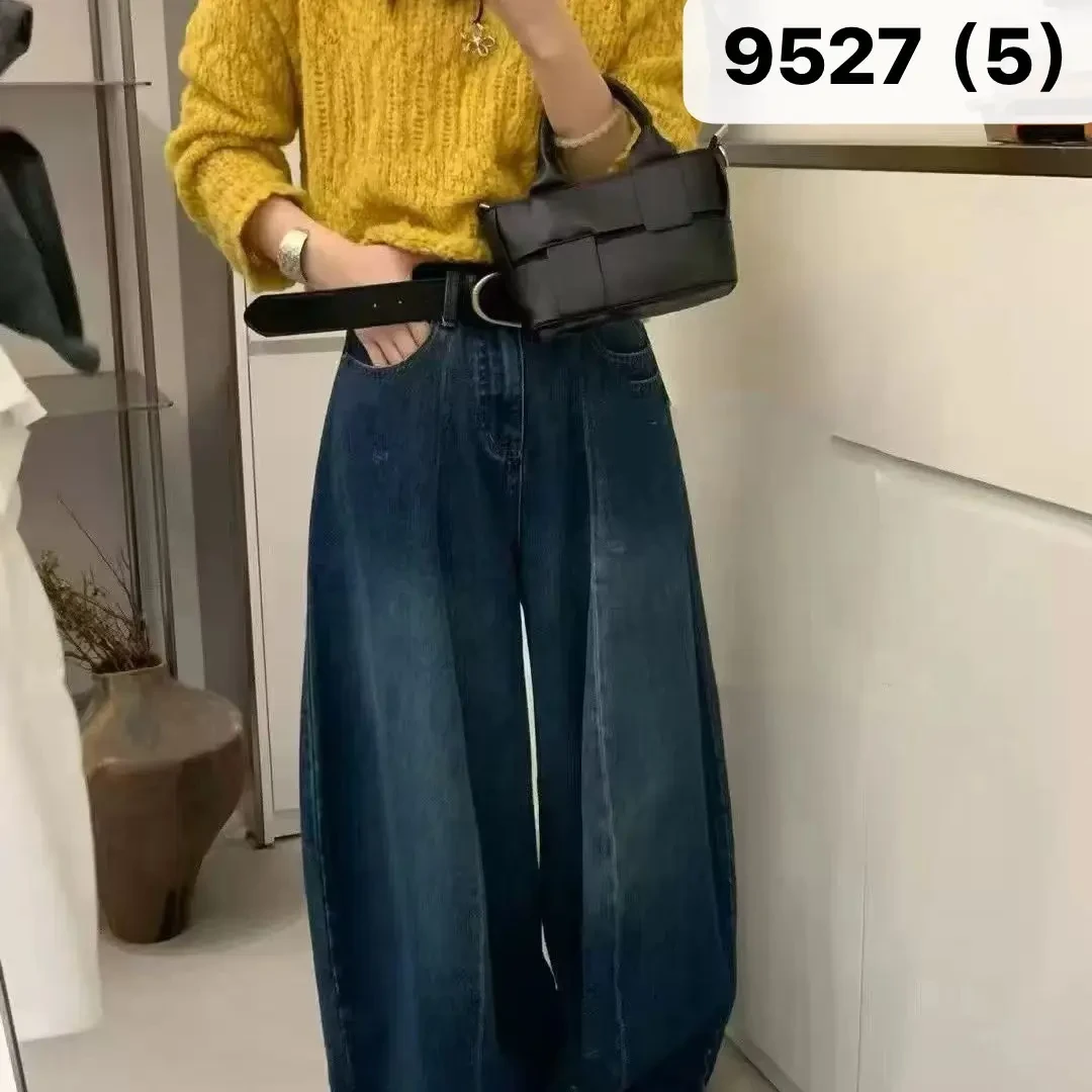 韩系小众设计高腰阔腿复古弯刀裤牛仔裤女秋季新款拖地长裤