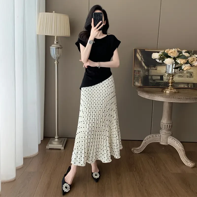 夏季新款洋气一字领别致上衣设计感波点小众收腰半身裙两件套装