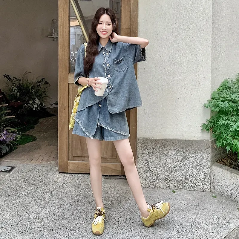 复古日系设计感牛仔不规则上衣套装2025夏季毛边拼接宽松短裤套装