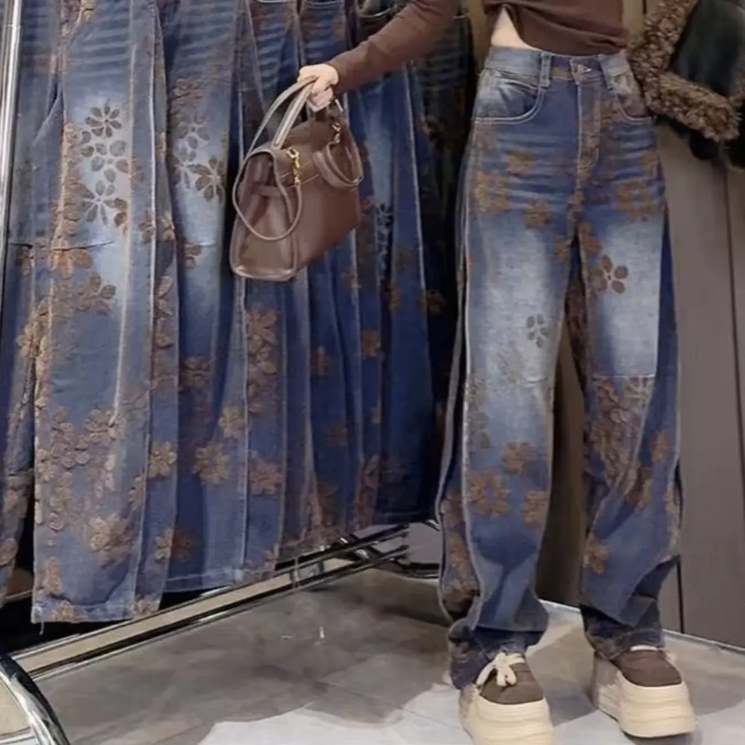 植绒弯刀拖地裤秋冬加绒高腰重工刺绣阔腿牛仔裤立体剪裁洋气显瘦