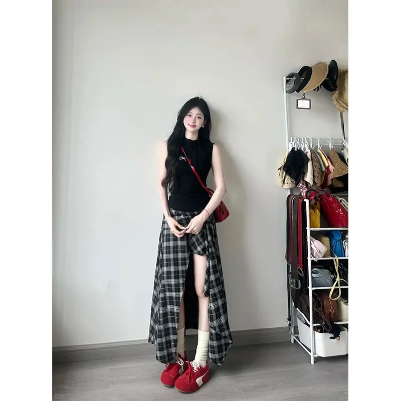 洋气衣服女夏季小众简约风圆领无袖上衣气质时尚收腰格纹半身裙