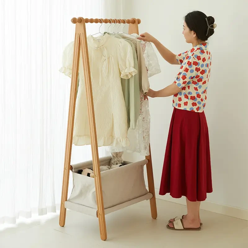 樱桃木落地带脏衣篓衣帽架卧室中古布兜家用可收纳挂衣架子
