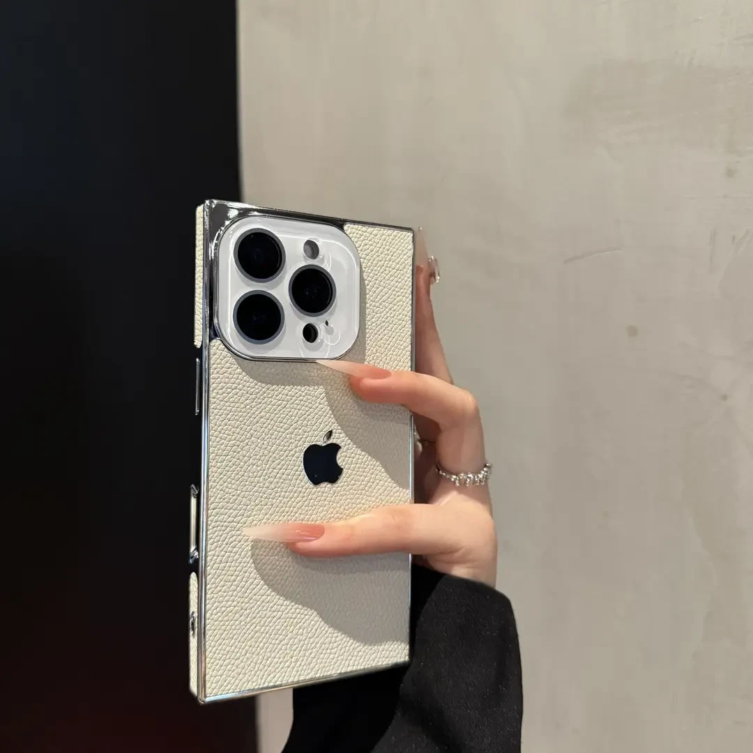 方形荔枝纹适用16promax手机壳创意iPhone15新款14轻奢13时尚