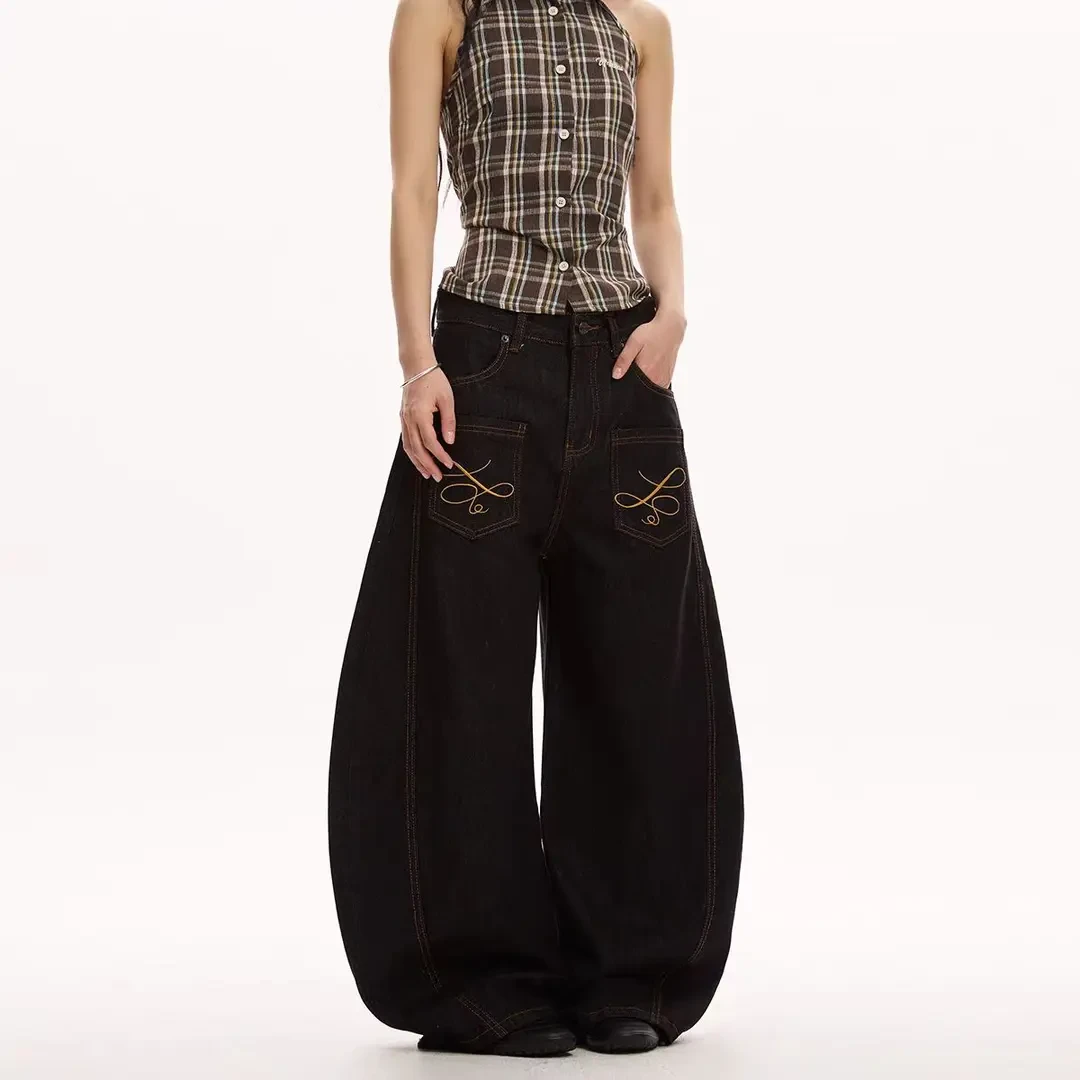 美式高级感原牛色复古刺绣夏季牛仔裤裤子女直筒宽松明线弯刀裤