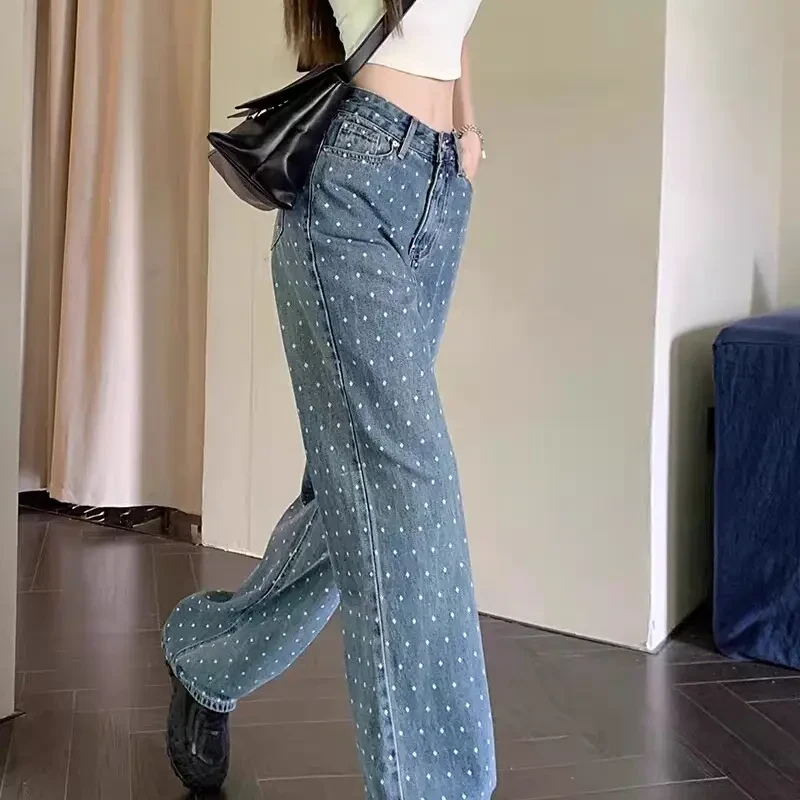 2025复古波点显瘦直筒阔腿牛仔裤女春秋季宽松拖地长裤偶有瑕疵