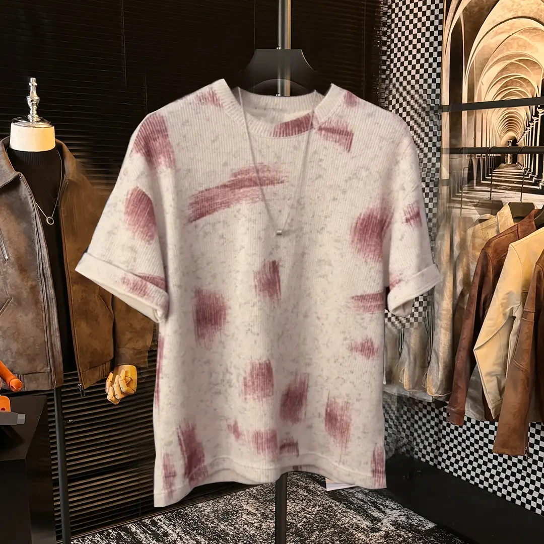 夏季撞色扎染不规则涂鸦潮流设计短袖T恤男针织肌䤚石壁圆领上衣