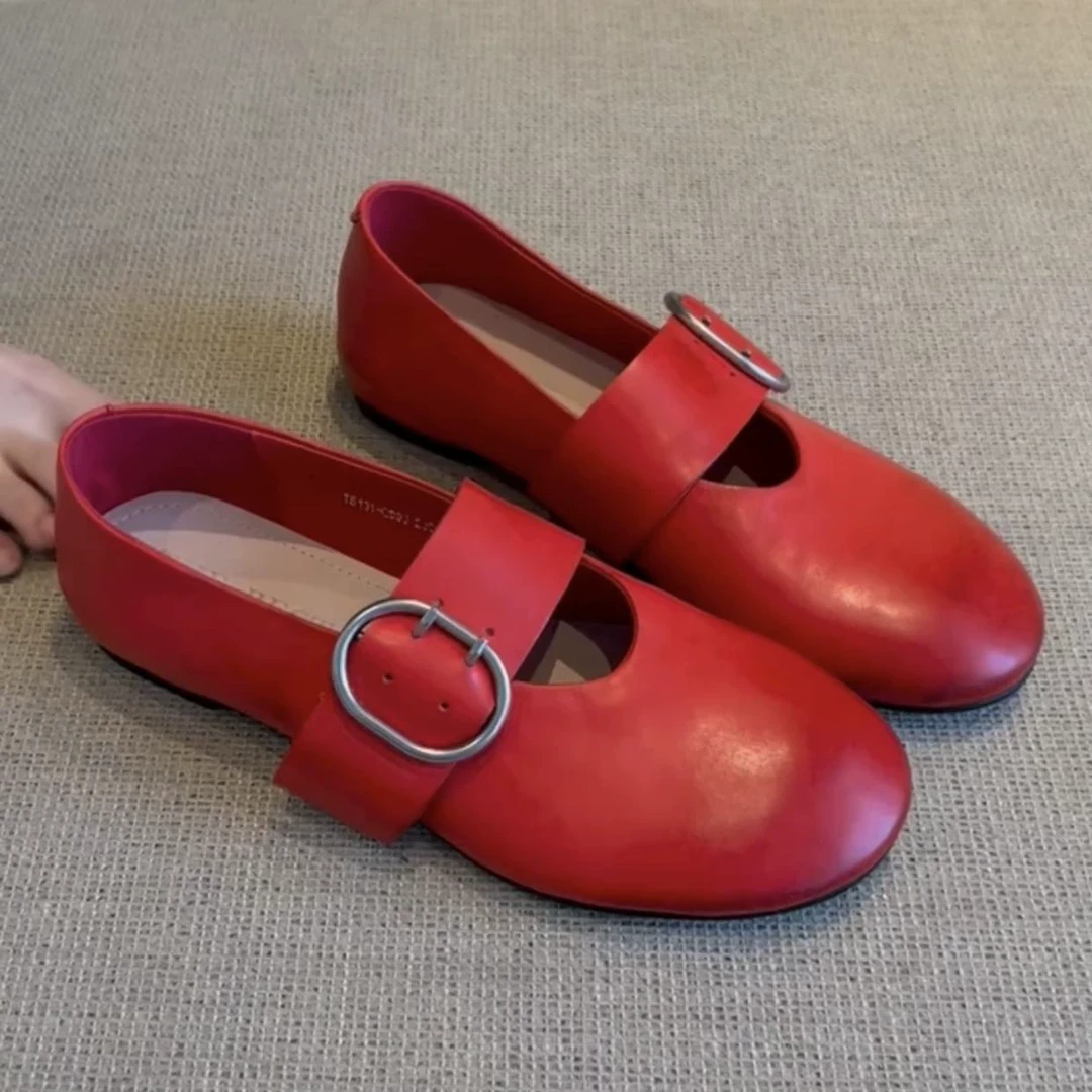 羊皮版~红色圆头温柔单鞋女新款浅口百搭芭蕾玛丽珍鞋平底鞋鞋子