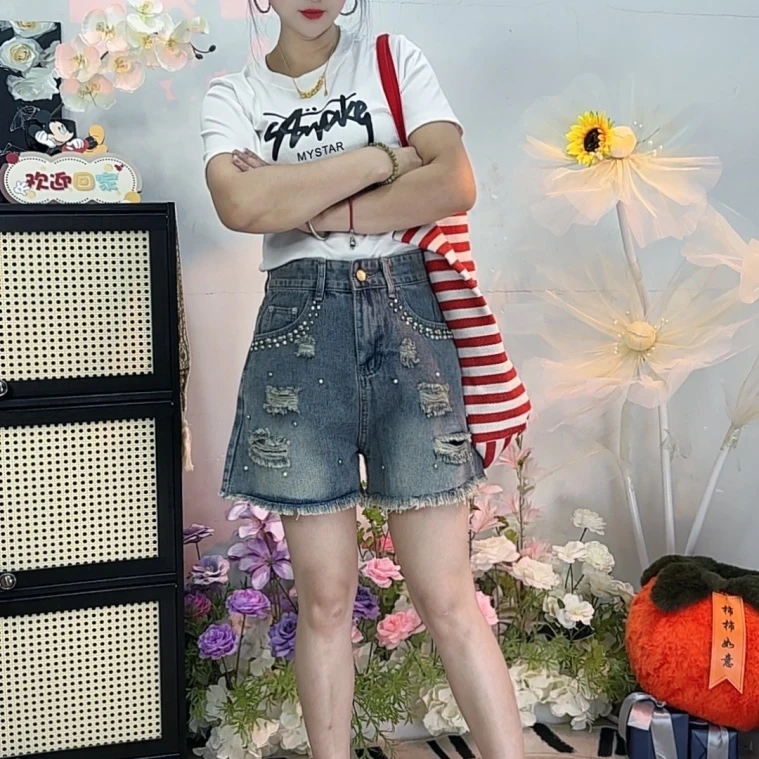 新款2025夏季牛仔短裤中高腰毛边短裤4分钉珠破洞显瘦薄款短裤女