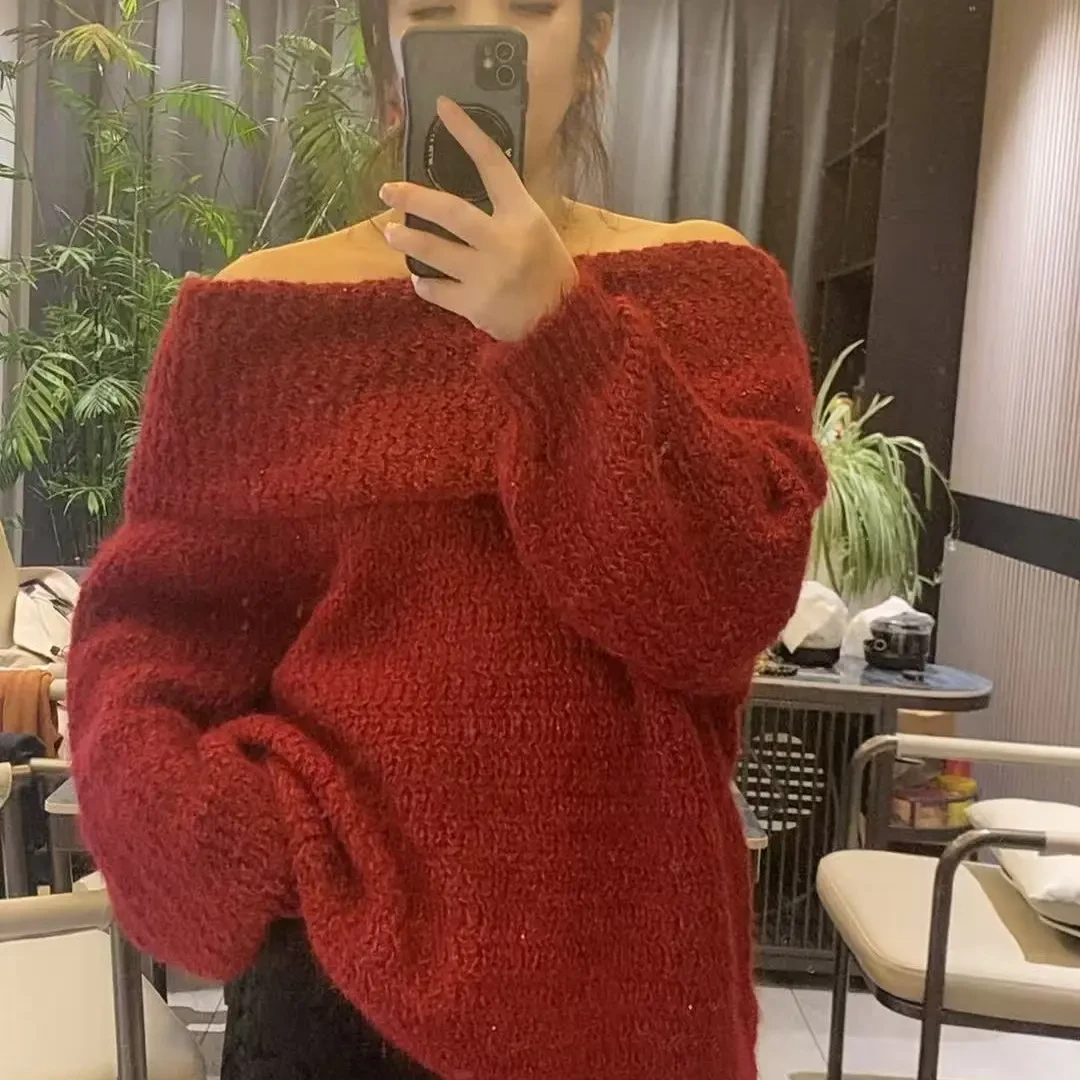 新年红色一字肩慵懒风加厚针织衫女秋冬内搭上衣