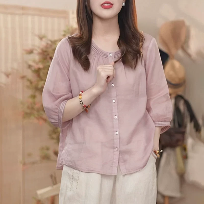 圆领休闲衬衫女士夏季2025显瘦时尚洋气减龄高级感超好看中袖上衣