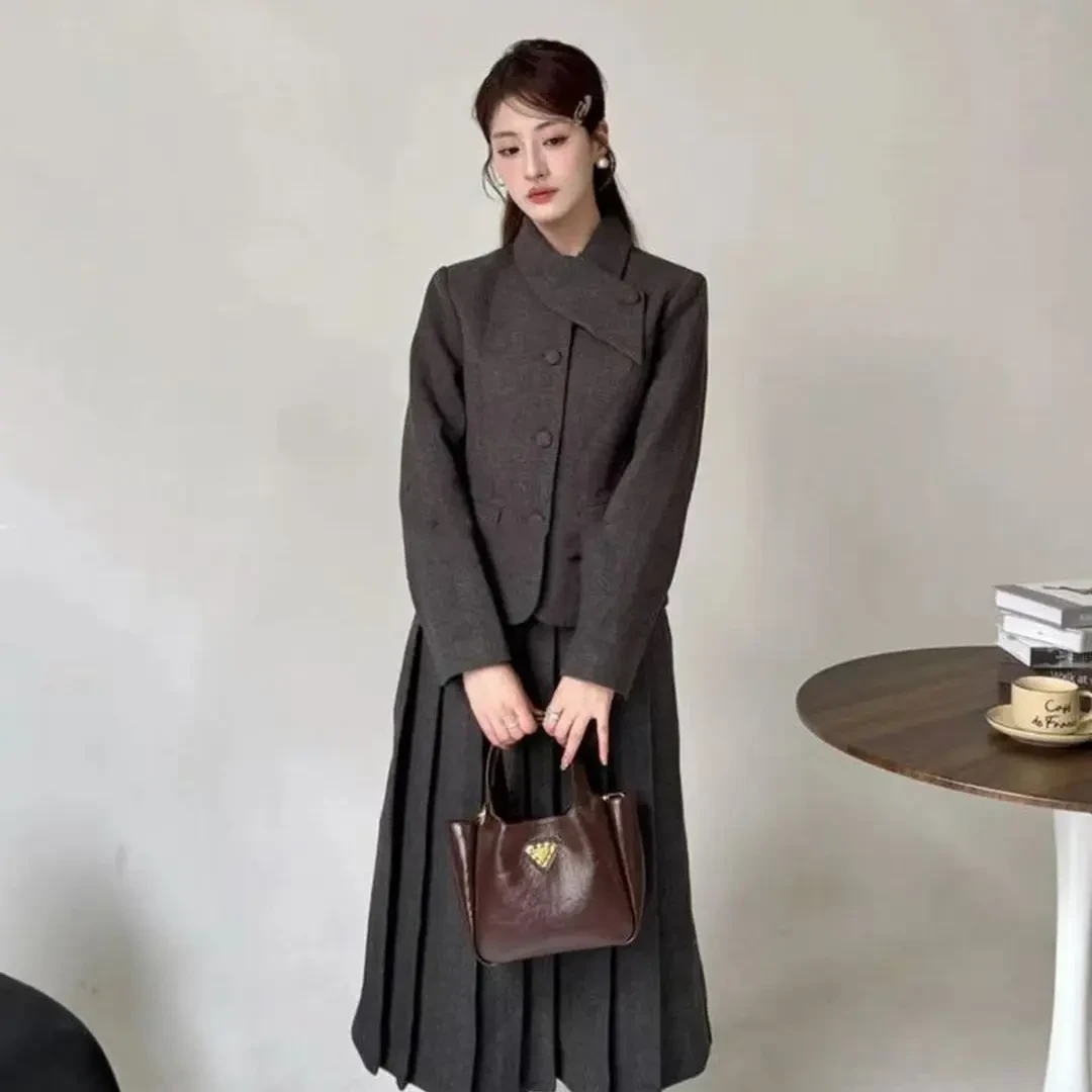 冬季韩系高智感毛呢夹棉外套显瘦百褶半身裙气质套装
